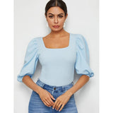 Shein- Square Neck Puff Sleeve Top- Baby Blue
