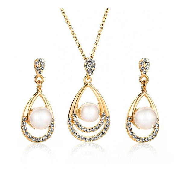 Jolly Chic- 3 Pieces/Set Fashion Pearl Drop-Shaped Necklace Earrings Jewelry Set