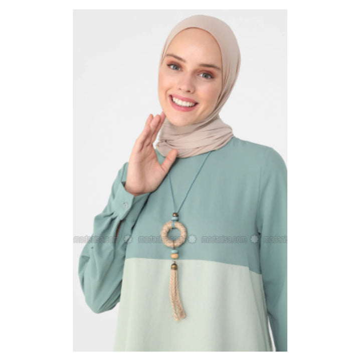 Modanisa- Refka White - Green Almond - Ecru - Mint - Crew neck - Tunic