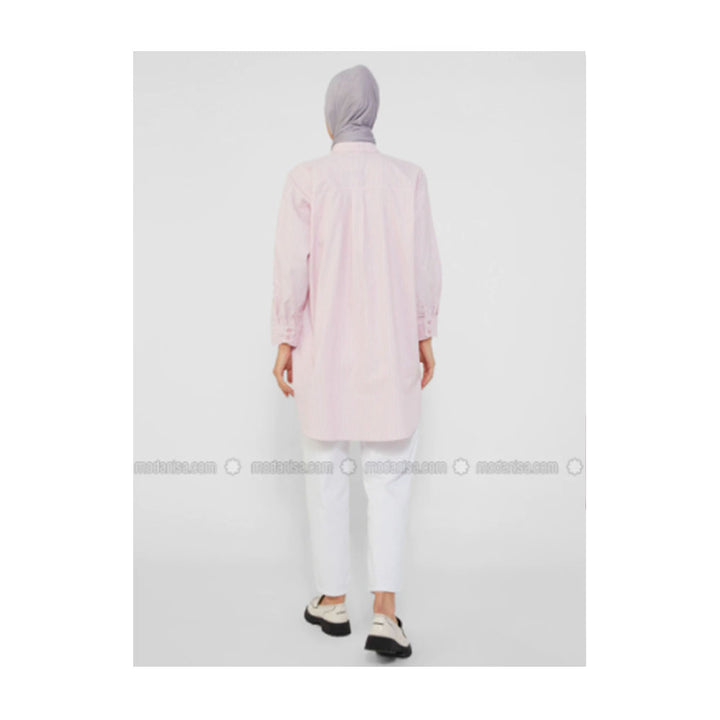 Modanisa- Refka Pink - Stripe - Point Collar - Cotton - Tunic