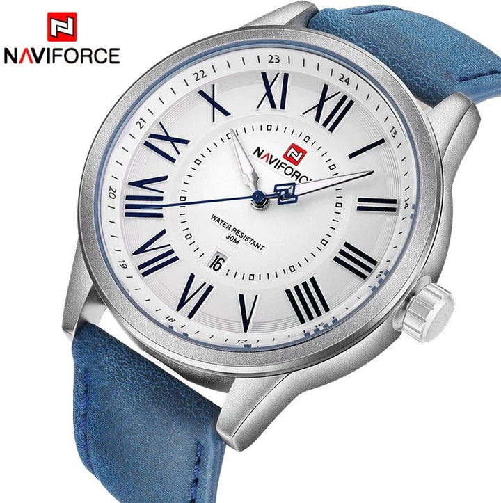 Naviforce- Leather Strap Japan Quartz Waterproof Wristwatch WITH Brand Box - NF9126 Blue White