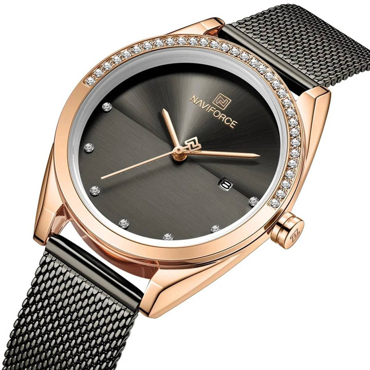 NAVIFORCE- NF5015 Black Mesh Stainless Steel Analog Watch For Women - RoseGold and Black