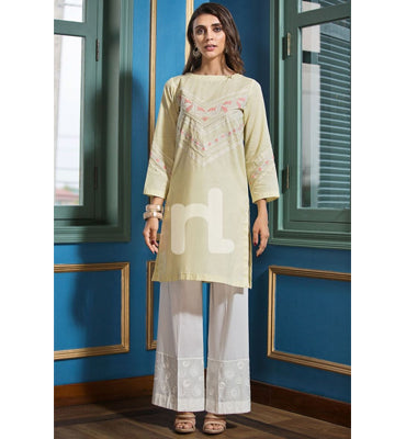 Nishat Linen- PE19-82 Yellow Dyed Embroidered Stitched Slub Lawn Shirt - 1PC