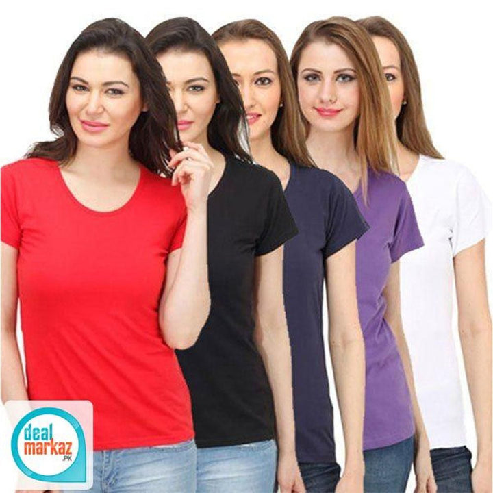 Wf Store Brand- Pack Of 5 Plain Half Sleeves Tees Purple+Black+White+Red+NavyBlue