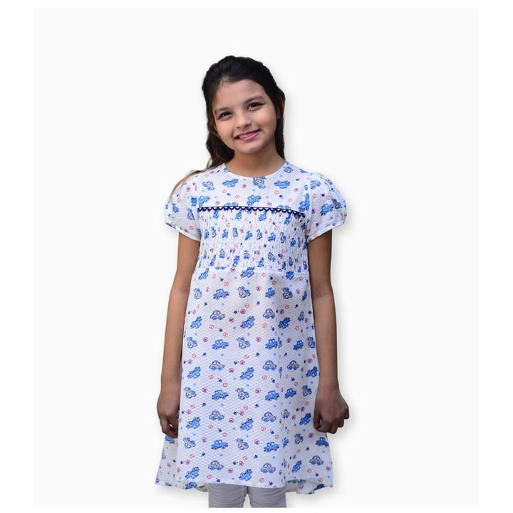 Kids Polo- Smoked Waist Frock - White