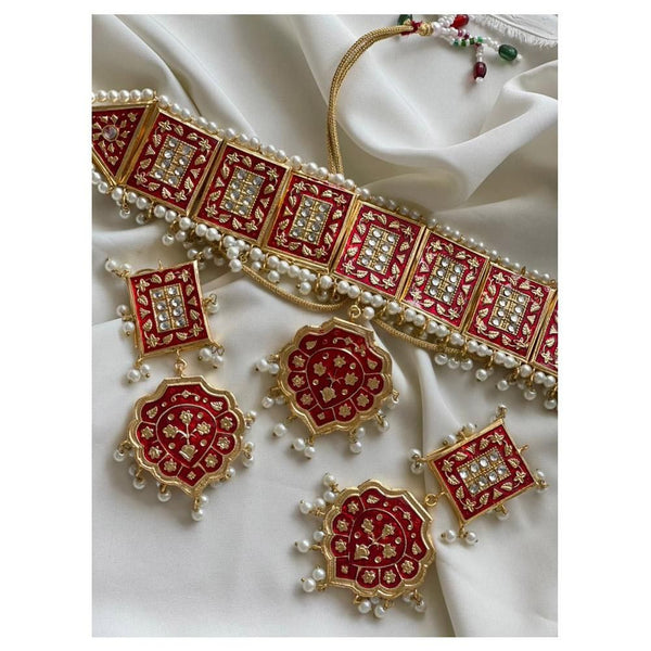 Jewels by Noor- Maroon Meenakari Earrings and Chokar