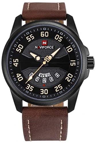 Naviforce- NF9124 Men's Sport Leather Strap Quartz Watch with Date and Day Display - Brown