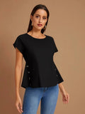 Mardaz- Button Detailing Rolled Cuff Top Md503- Black