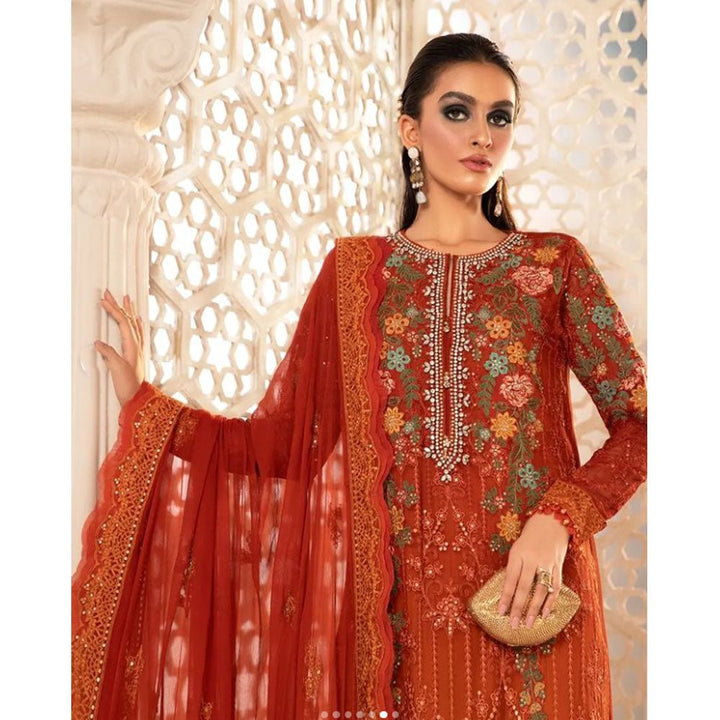 Maria B Unstitched Chiffon - MPC-22-205-Burnt Orange and Rust