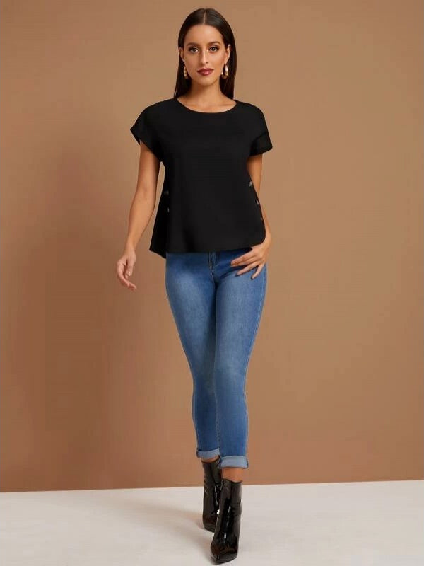 Mardaz- Button Detailing Rolled Cuff Top Md503- Black