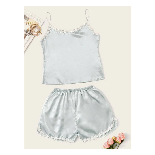 Shein- Crochet Trim Satin Cami PJ Set