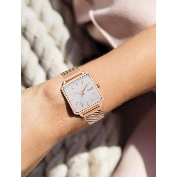 Shein- Square Pointer Mesh Strap Quartz Watch- Rose Gold