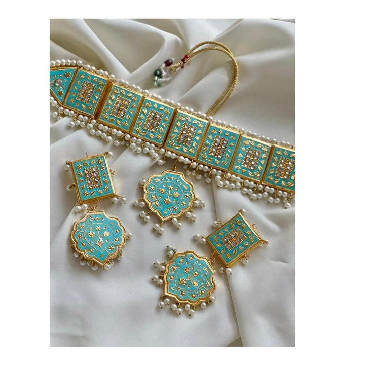 Jewels by Noor- Aqua Meenakari Mirror Chokar and Earrings