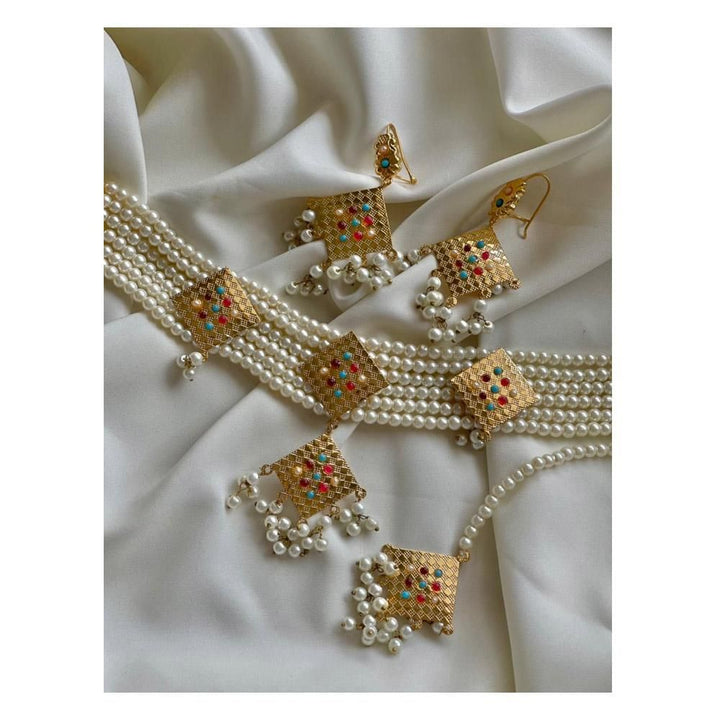 Jewels by Noor- Gold Multi Choker Earrings and Teeka