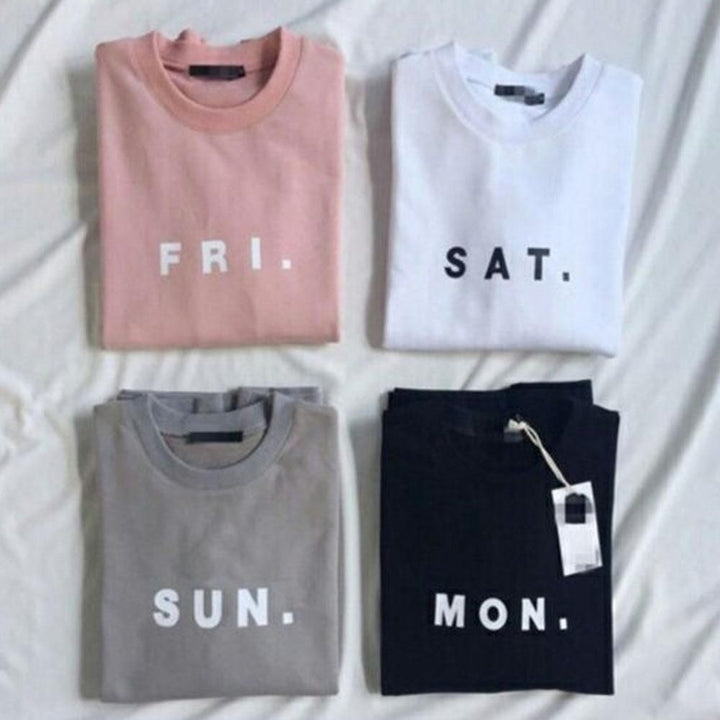 Wf Store- Pack Of 4 FRI SAT SUN MON Printed Half Sleeves Tee Pink+White+Grey+Black