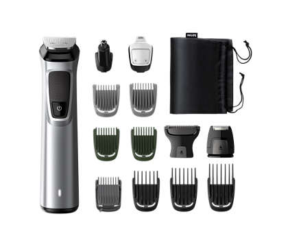 Philips 14 tools,(Face+Head+Body),Dual Cut blades,,Showerproof, 2hrs runtime, 5 year warranty, Includes: (metal trimmer, body shaver, precision shaver, detail trimmer, nose & ear trimmer, 1 adjustable comb,2 stubble ,3 hair 2 body combs,storage pouch)