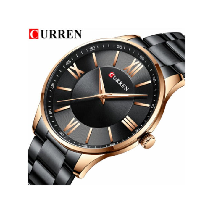 Curren-  Stainless Steel Simple & Classic Thin Quartz Business Watch- 8383- Black Rose