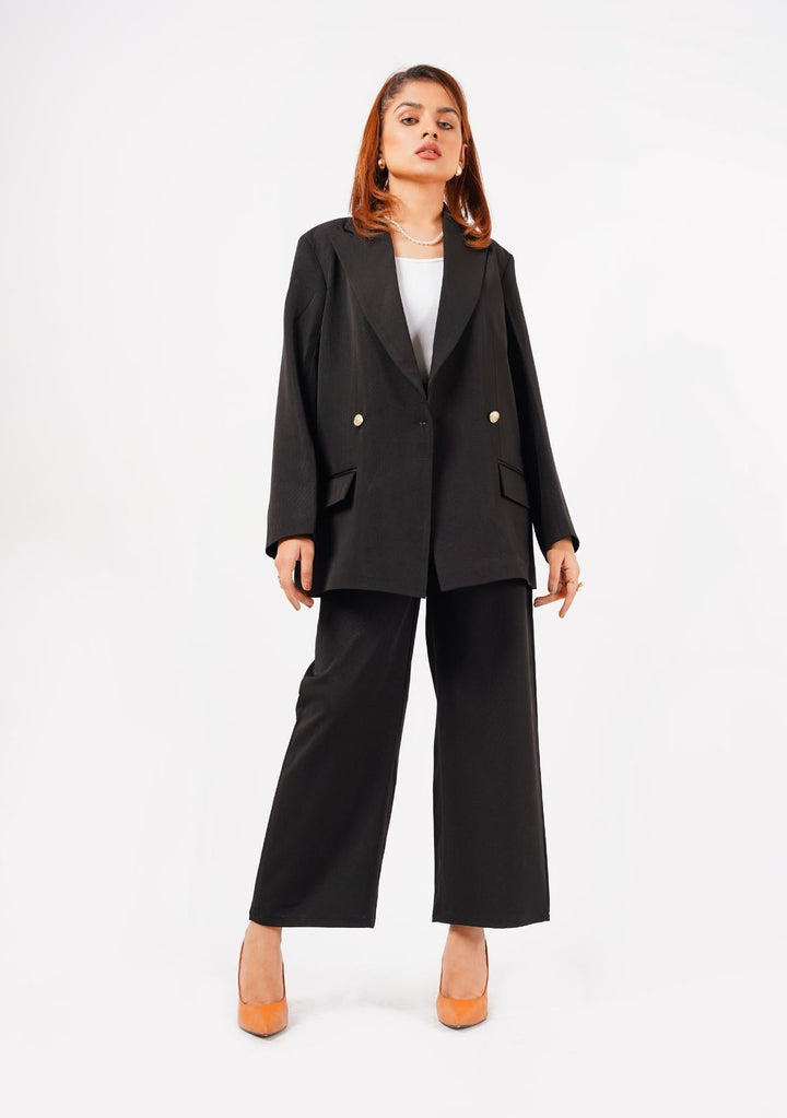 Nine90nine- Double Breasted Loose Fit Blazer - Black