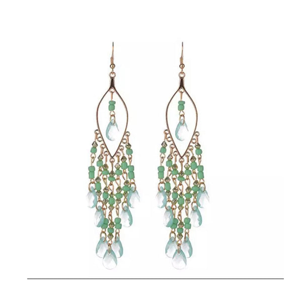 Pink Panda- long beaded bohemian drop earrings (green)