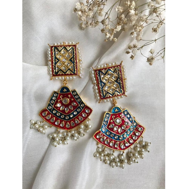 Jewels By Noor- double drop meenakari earrings(red and blue)