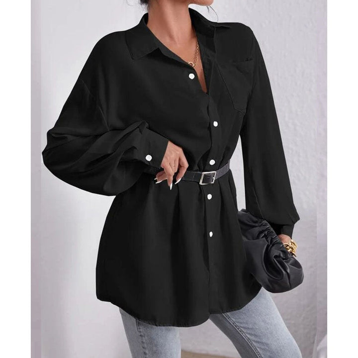 Shein- Patch Pocket Bishop Sleeve Drop Shoulder Blouse Without Belt- Black