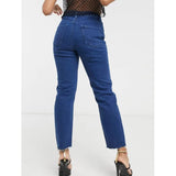 Asos Design- Petite Farleigh High Waisted Slim Mom Jeans With Rips in Bright Blue Wash With Raw Hem