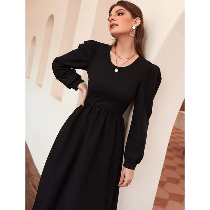 Shein- Solid Puff Sleeve Dress Without Belt