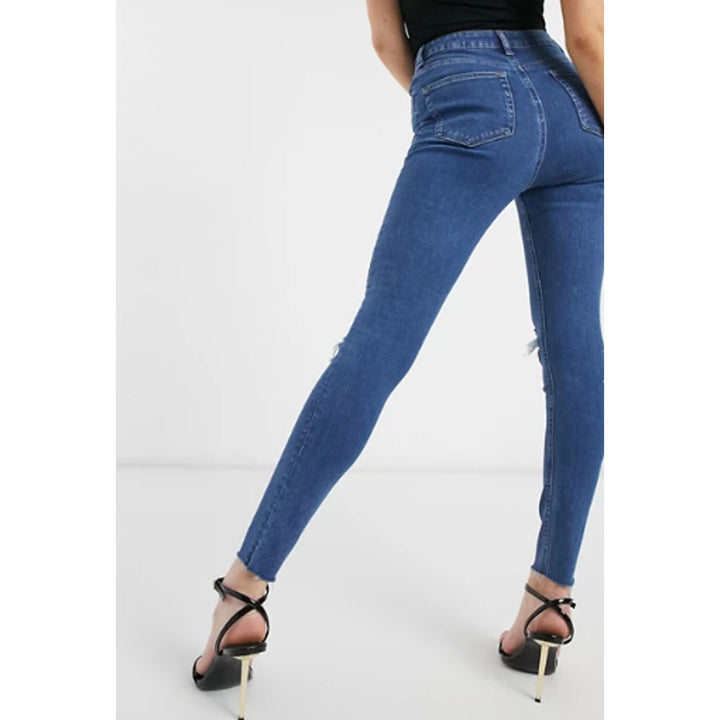 Asos Design- High Rise Ridley Skinny Jeans In Bright Midwash With Raw Hem