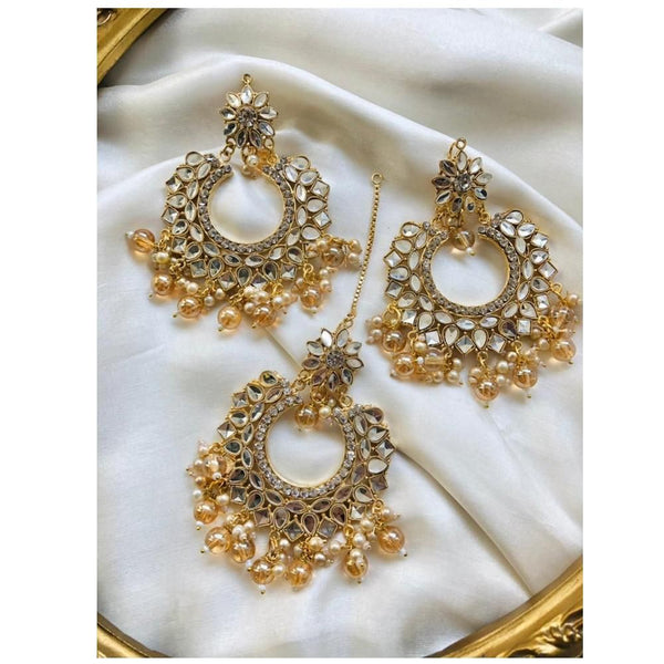 Jewels By Noor- Champaign kundan earrings with teeka