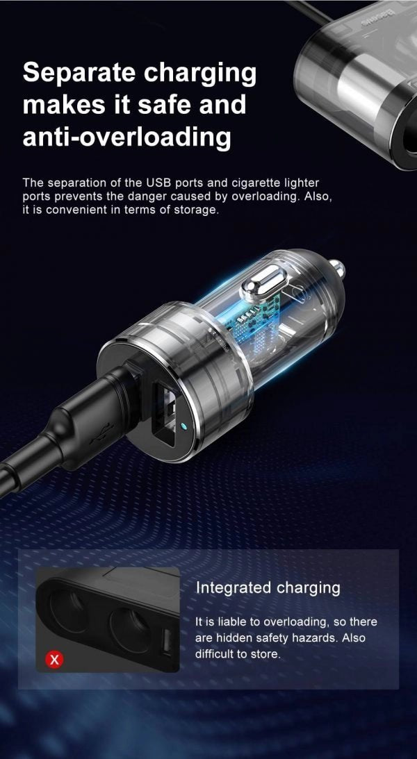 Baseus- Car Charger Cigarette Lighter Socket Splitter Hub Power Adapter for iPhone Samsung Mobile Phone Expander Charger DVR GPS