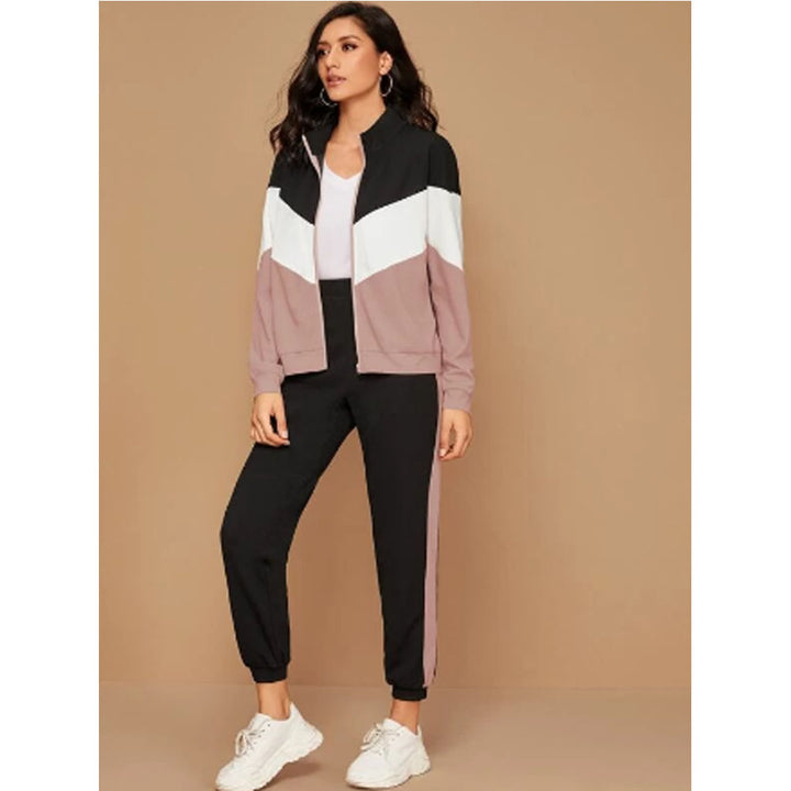 Shein- Zip Up Chevron Colourblock Sweatshirt & Joggers Set