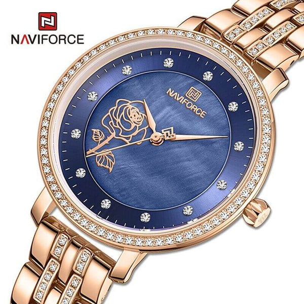 Women’s Naviforce Watch NF5017 Beautiful Rose Crafted Inside Dial With Stainless Steel Chain Rose Blue