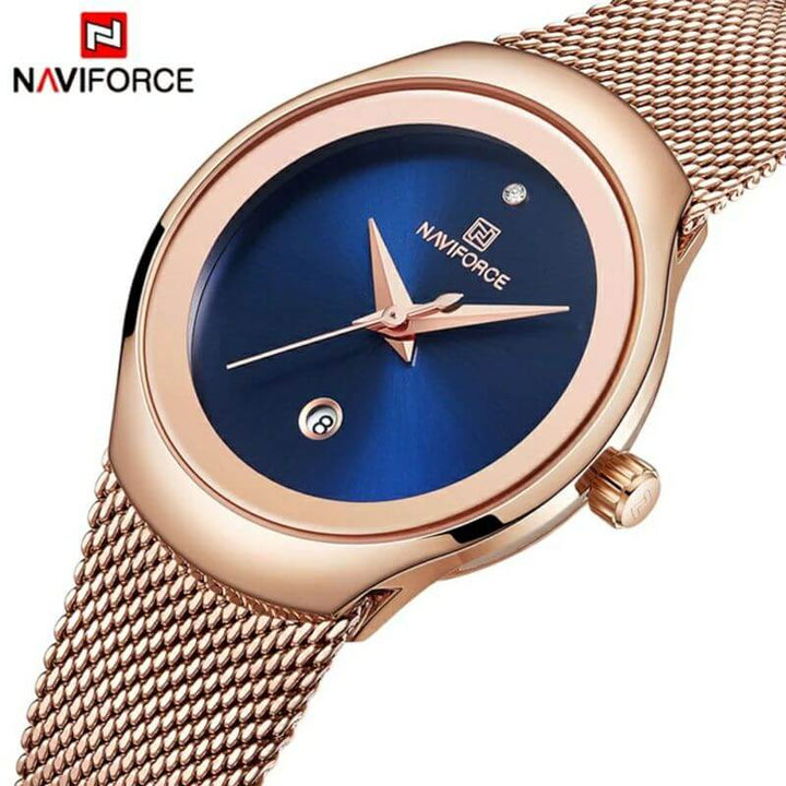 NAVIFORCE- NF5004 womens quartz watch max price Mesh band water resistant auto date Concise bracelet watch design Rose Gold Blue