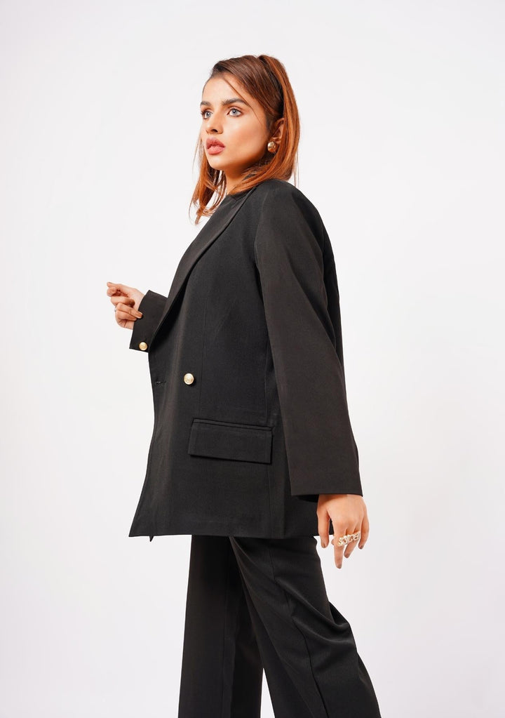 Nine90nine- Double Breasted Loose Fit Blazer - Black