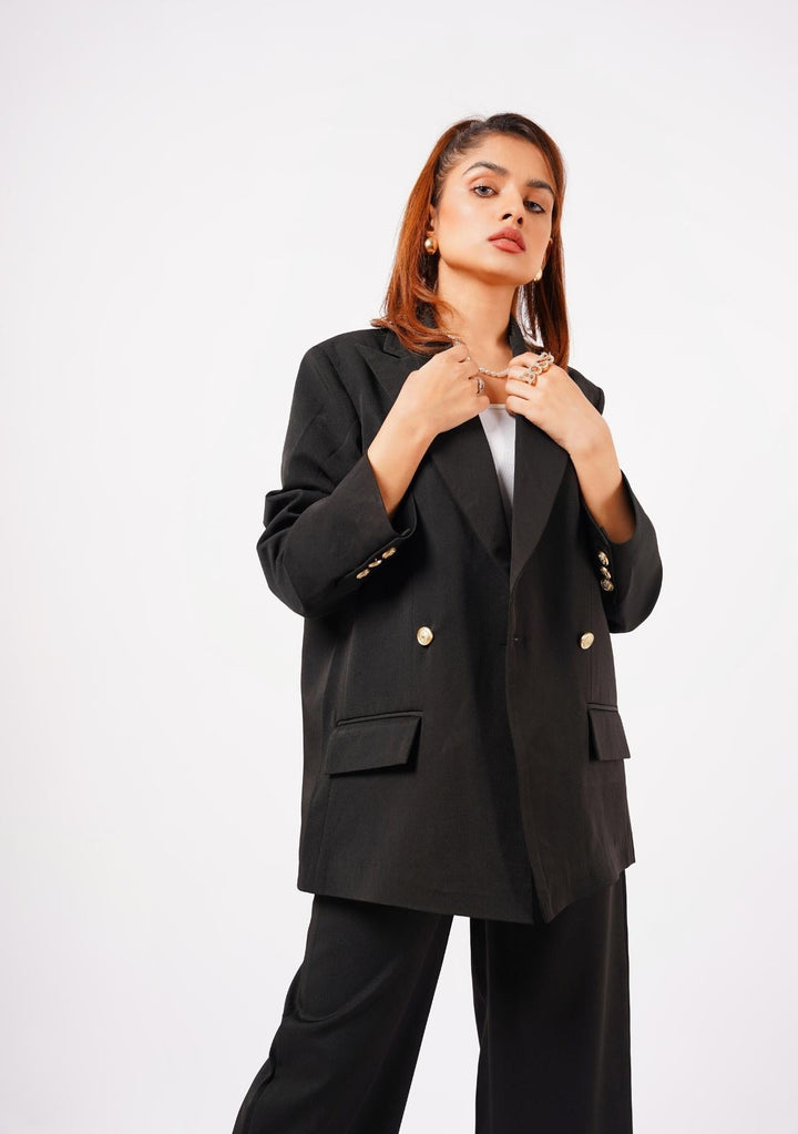 Nine90nine- Double Breasted Loose Fit Blazer - Black