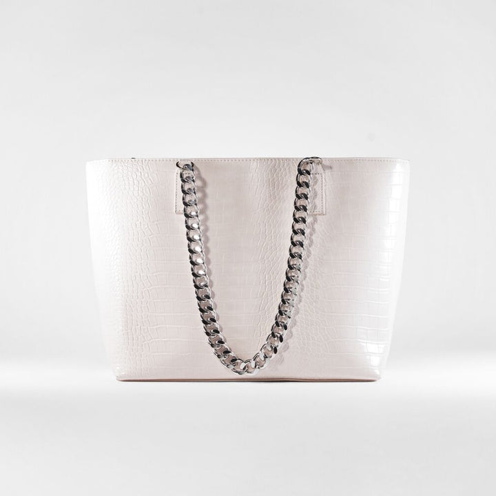 Bershka- Mock croc chain tote bag - White