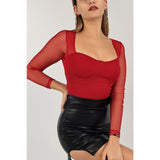 Montivo Red Mesh Ruched Square Neck Top
