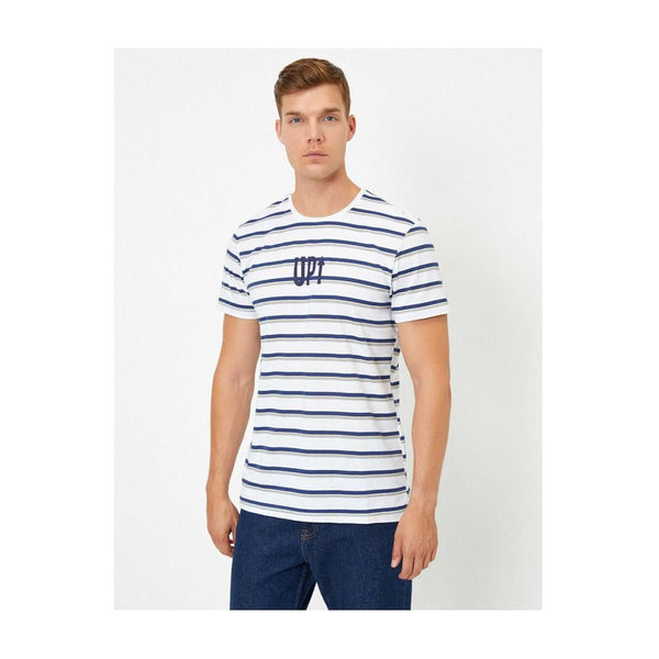 KOTON- Crew Neck Striped Letter Printed T-Shirt - Grey Striped