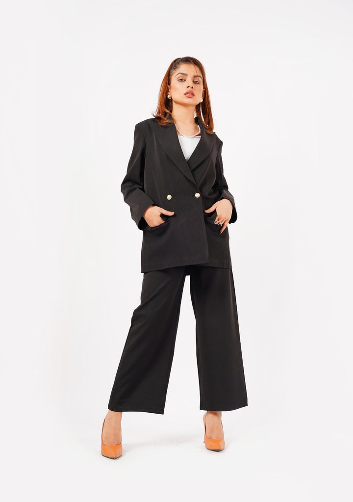 Nine90nine- Double Breasted Loose Fit Blazer - Black