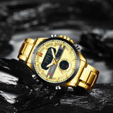 Curren- Luxury Brand Analog & Digital Quartz Stainless Steel Water Proof Wristwatch For Men-8384- Gold