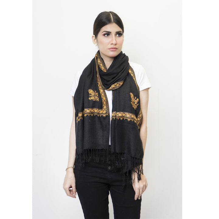 Pashmina Store with Resham Embroidered Border Black