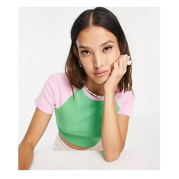 Asos- Collusion Raglan Rib Fitted Short Sleeve T-Shirt In Pink & Green