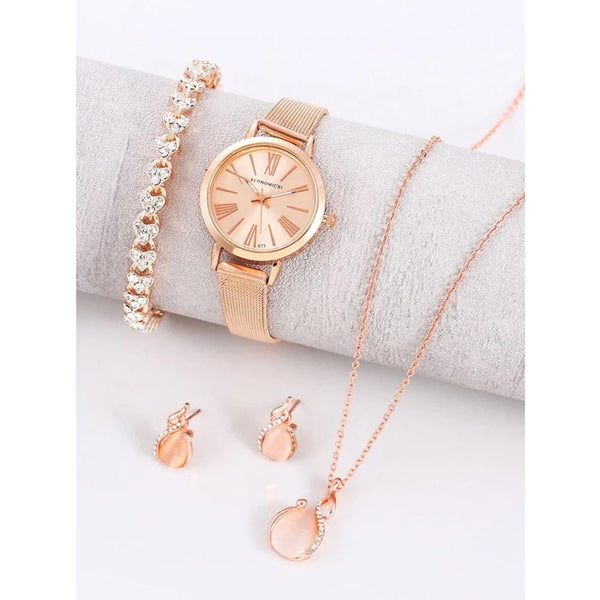 Shein- 1pc Mesh Strap Round Pointer Quartz Watch & 4pcs Jewelry Set