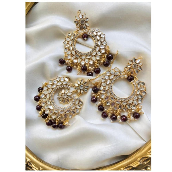 Jewels By Noor- Maroon kundan earrings with teeka