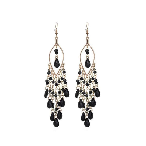 Pink Panda- long beaded bohemian drop earrings (black)