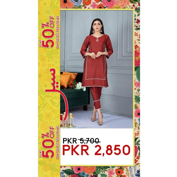 Keshia- Red Raw Cotton Straight 2 Piece Embroidered-KSR003