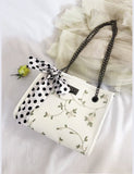 Shein- Polka Dot Twilly Scarf Floral Embroidered Tote Bag- White
