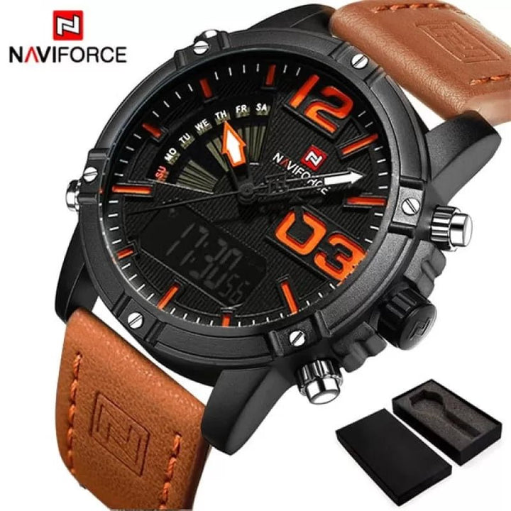 Naviforce NF9095 Men s Waterproof Leather Strap Watch With Branded Na Bagallery