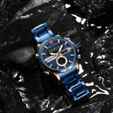 Curren- Luxury Brand Analog & Digital Quartz Stainless Steel Water Proof Wristwatch For Men-8384- Blue Rose