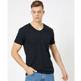 Koton- Short Sleeve V Neck %100 Cotton T-Shirt - Black